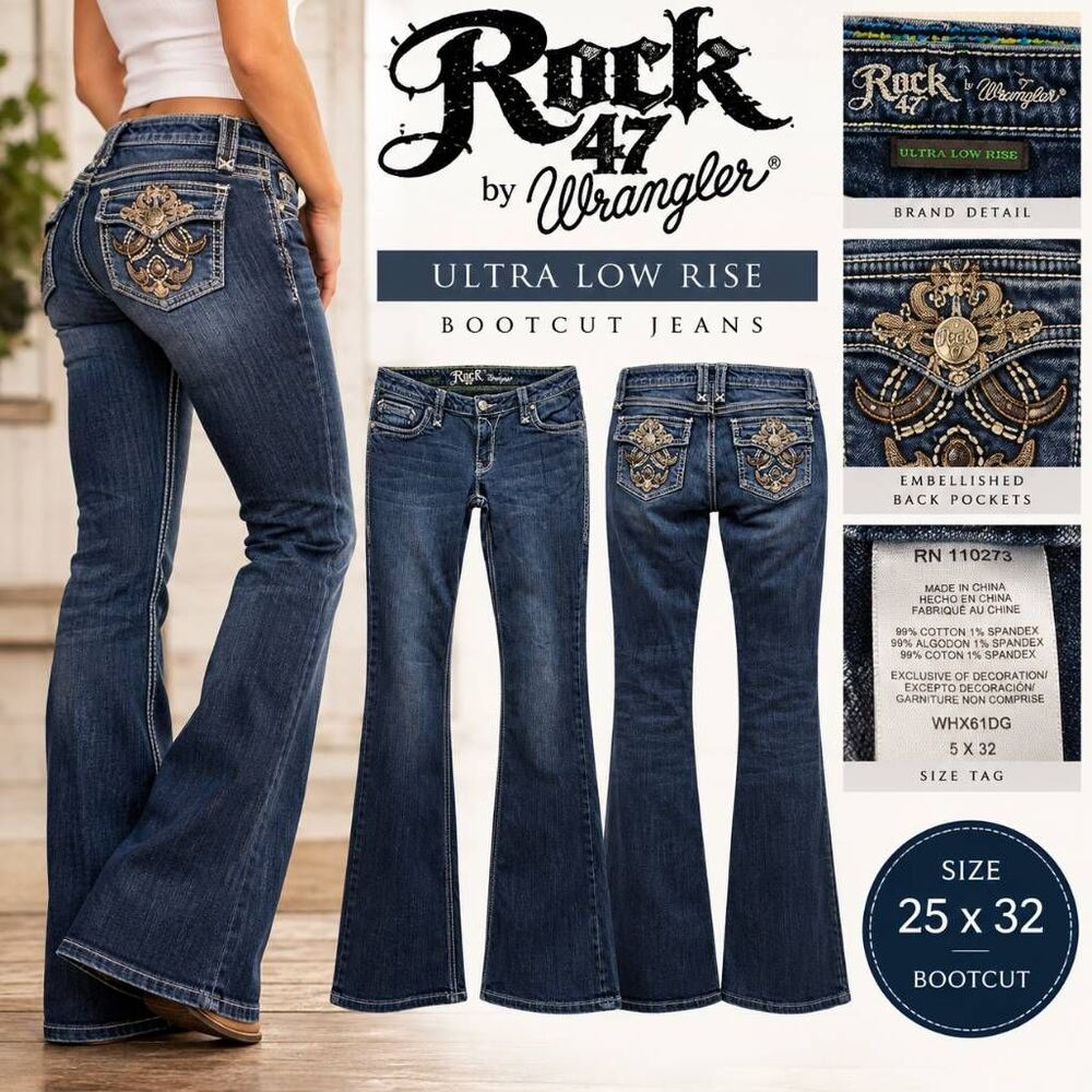 Rock 47 by Wrangler Women’s Jeans 25x32 Ultra Low Rise Bootcut Embellished